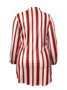 Back view of a red and white vertical striped long sleeve casual loose shirt dress