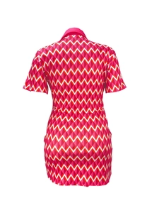 Detail of pink zigzag print short sleeve dress featuring a solid pink polo collar