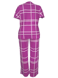 Detail view of purple plaid loungewear set featuring short sleeve top and long pants