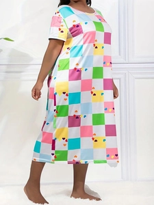 Women's loose casual midi dress featuring colorful checkerboard and heart patterns