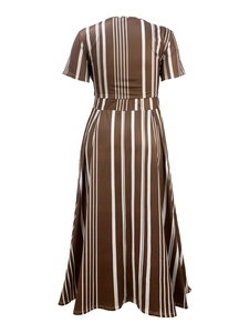 Rear view of brown plus size two-piece dress with white vertical stripes and A-line hem