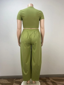 Back view of a two-piece ribbed knit set with short sleeve top and wide leg pants in grass green