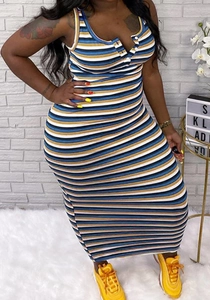 Detail of colorful striped v-neck maxi dress with button henley neckline in slim fit