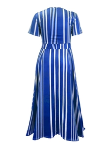 Detailed back view of a high-waisted blue and white vertical striped A-line dress