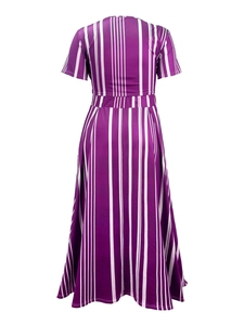 Rear view of long plus size dress featuring purple and white vertical stripes design