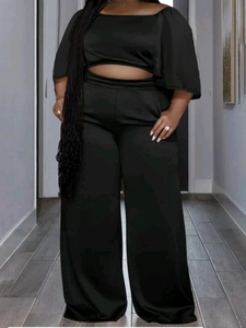 Women Plus Size Casual Off Shoulder Top And Wide Leg Pants Set Solid Black Comfortable High Waist Two Piece Outfit