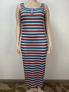 Detail of V-neck colorful striped maxi dress with front buttons on sleeveless knit fabric
