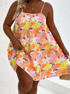 Plus Size Sommerkleid mit tropischem Blumendruck und dünnen Trägern für Damen