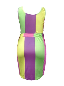 Detail of colorful vertical stripes and slim-fit fabric on the sleeveless dress