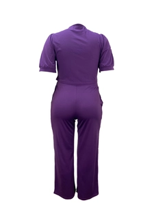 Women's dark purple two-piece set featuring puff sleeve top and wide leg pants