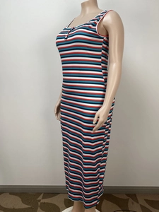 Detail of multi-color striped sleeveless dress with V-neck button closure and slim fit design