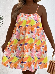 Damen Übergröße Sommerkleid Mit Tropischem Print Boho Blumen Blatt Druck Lockeres A-Linien Minikleid Urlaub Strandmode