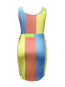 Detail of colorful striped bodycon two-piece set with vibrant color blocking fabric