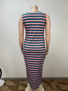 Detailed back view of sleeveless slim fit maxi dress featuring vibrant multi-color stripes