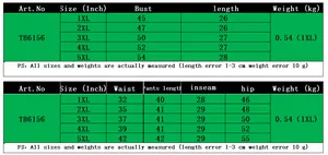Size guide for plus size casual outfit including top and pants dimensions from 1XL to 5XL