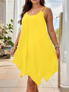 Sleeveless bright yellow loose A-line dress with asymmetrical wavy hem for summer