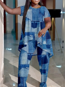 Women's two-piece set with denim patchwork print and asymmetrical hem casual outfit