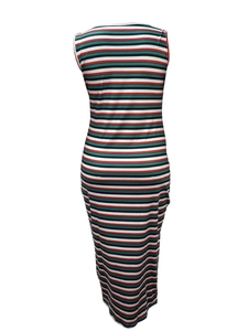 Detailed close-up of sleeveless slim-fit long dress with vibrant colorful horizontal stripes