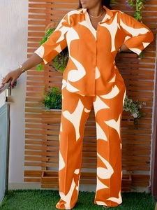 Plus Size Two Piece Outfits Abstract Print Long Sleeve Button Down Shirt And High Waist Wide Leg Pants Casual Clothing
