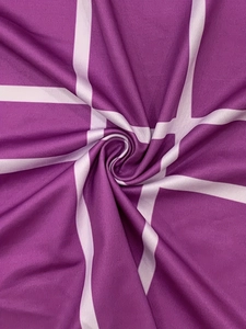 Close-up of soft purple fabric with white plaid pattern and fine vertical knit texture