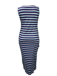 Detail view of the colorful horizontal stripes on this slim fit sleeveless maxi dress