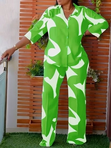 Women's casual two-piece set with green abstract print button shirt and straight pants