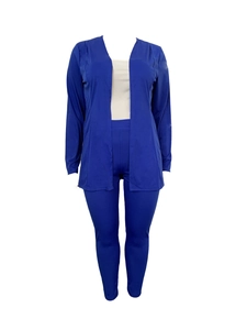 Three-piece set detail showing blue knit cardigan, ribbed vest, and leggings