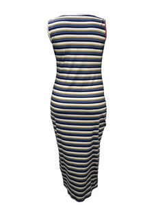 Close-up of multicolor horizontal stripes and slim fit design on a V-neck maxi dress