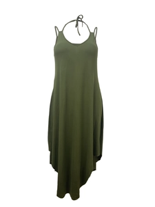 Dunkelgrünes Neckholder-Kleid, ärmellos, mit unregelmäßigem Taschentuch-Saum