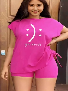 Tenue de Short Décontractée pour Femmes Grande Taille Col Rond Manches Courtes Haut à Cordon de Serrage Et Short Moulant Imprimé Graphique Fuchsia Rose Rouge Vêtement Sportif