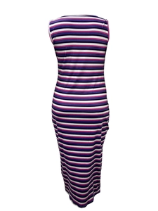 Detail view of the colorful horizontal stripes on this slim fit V-neck maxi dress