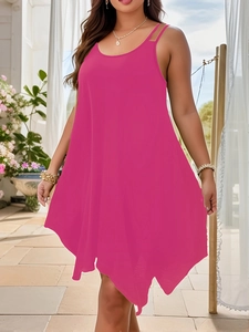 Detail of hot pink sleeveless dress with double shoulder straps and irregular hemline