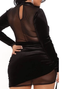 Slim fit black velvet mini dress with sheer mesh back and high neck for women