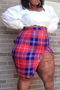 Detail of plus size plaid skirt with side slit and metal eyelet lace-up design