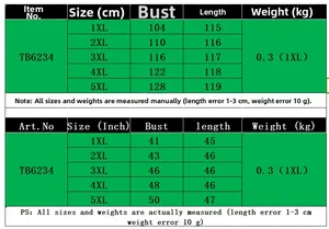 Detailed size chart for plus size casual dress TB6234 from 1XL to 5XL in cm and inches
