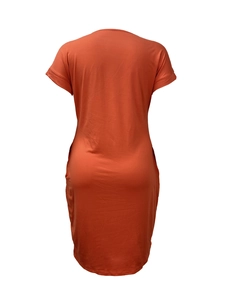 Women's short sleeve crewneck maxi dress in solid brick red color, rear view fit