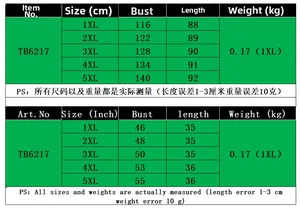 Detailed size chart for plus size dress TB6217 featuring bust and length measurements