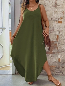 Damen Übergröße Halterneck Spaghetti Träger Maxikleid Lässig Urlaub Locker Unregelmäßiger Saum Einfarbig Dunkelgrün Kleid