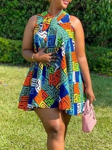 Women Plus Size Geometric Print Mini Dress Bohemian Tie Neck Sleeveless A-Line Summer Vacation Party Dress Multicolor
