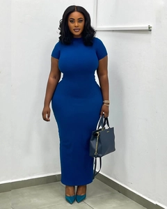 Front view of royal blue short sleeve bodycon maxi dress with tight-fitting stretchy fabric