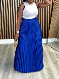 Elegante gonna lunga a pieghe blu reale con vita alta elastica e silhouette fluida