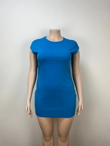 Detailed front view of a slim fit short sleeve bodycon dress in bright blue color