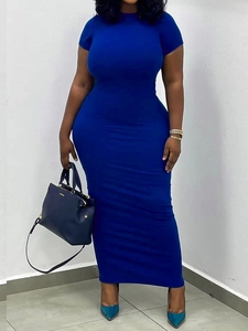 Plus Size Women Sexy Bodycon Maxi Dress Round Neck Short Sleeve Royal Blue Solid Color Stretchy Polyester Summer Long Dress