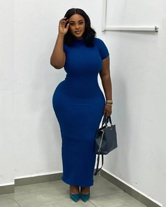 Detailed full-length view of a slim fit navy blue short sleeve maxi dress in soft knit