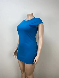 Detail view of a slim fit blue mini dress with short sleeves on a mannequin