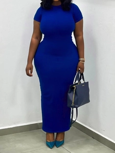 Elegant royal blue slim fit maxi dress with short sleeves and a classic crew neck
