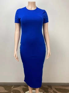 Detail of royal blue short sleeve bodycon midi dress with slim fit and round neck