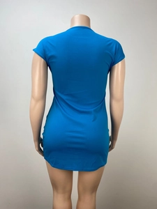 Rear view of tight-fitting blue mini dress showing high-stretch knitted fabric and slim fit