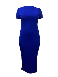 Slim fit royal blue short sleeve bodycon maxi dress with round neck for women