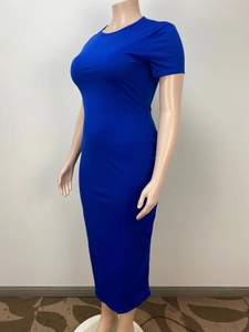 Detail view of Navy Blue short sleeve maxi dress with slim fit and round neckline